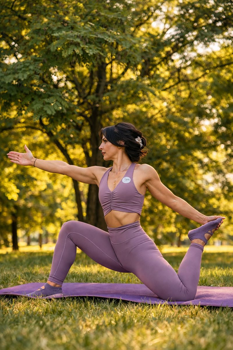 Jeta demonstrating a Pilates warrior pose in nature